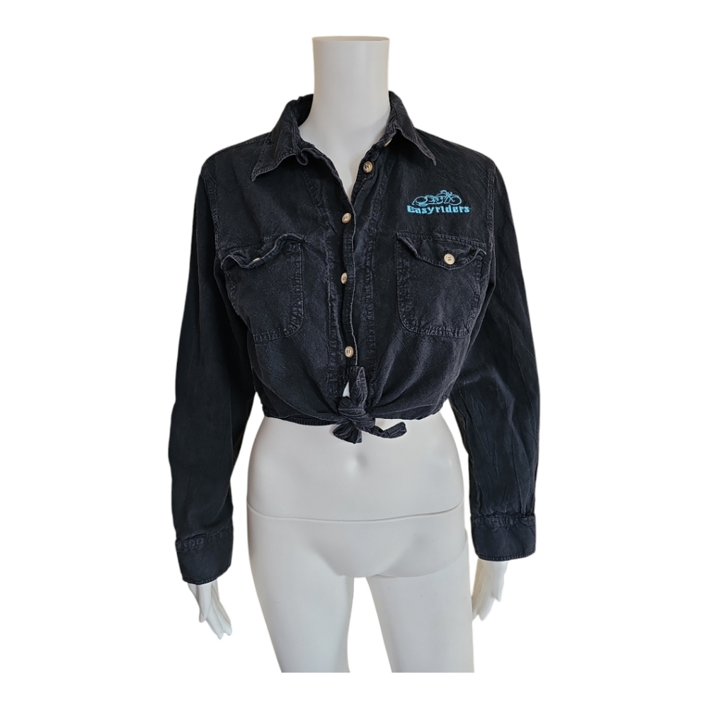 Easyriders Denim Embroidered Button Up Tie Front Long Sleeve Crop Top